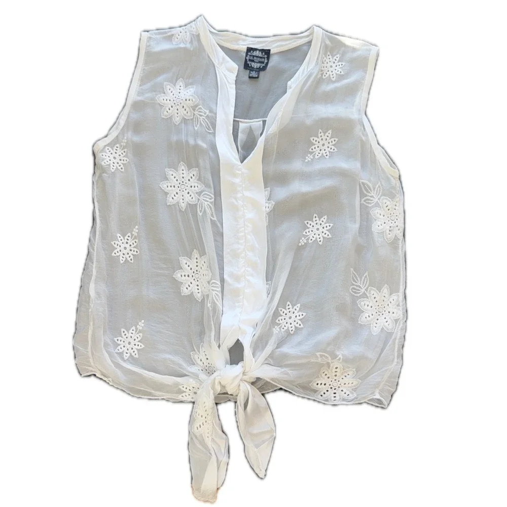 Le Marais‎ Paris White Floral Eyelet Tie Front Sleeveless Blouse Made in Italy M